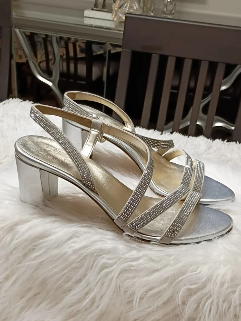 Naturalizer Metallic Strappy Low Block Heel Rhinestone Sandals - Silver Gold